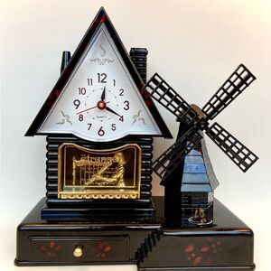 Black and Gold Windmill Music Box Table Clock - Decorative Home Decor